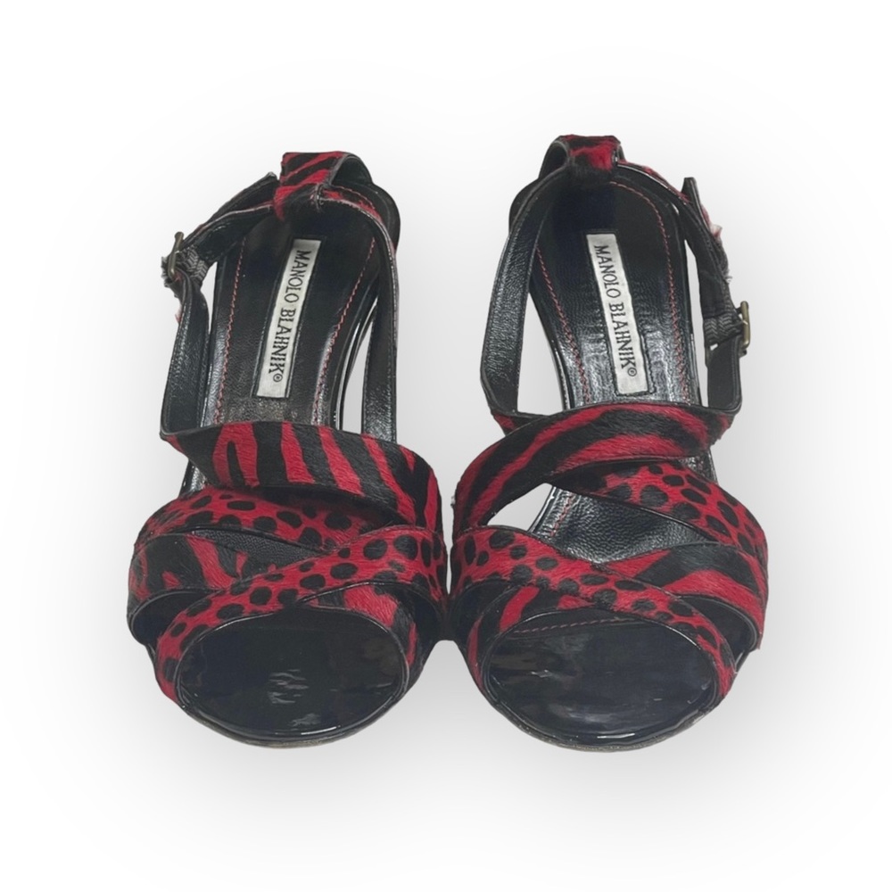 Manolo Blahnik โ Animal Printed Calf Hair Slingback Stiletto Sandals โ Black Red - Picture 8 of 17
